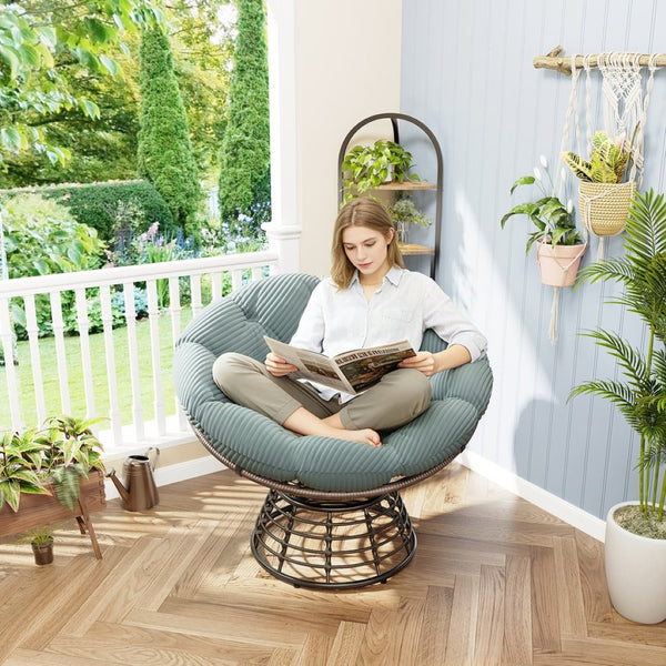 English Elm Comfortable Rattan Papasan Swivel Chair Overstuffed Corduroy Cushion Indoor Outdoor Lounge W640P443557