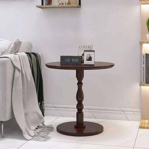 English Elm 23'' Walnut Brown Accent Round Table — Modern Small Drink & Nightstand, Solid Wood Legs, Space-Saving Design W2295P339098