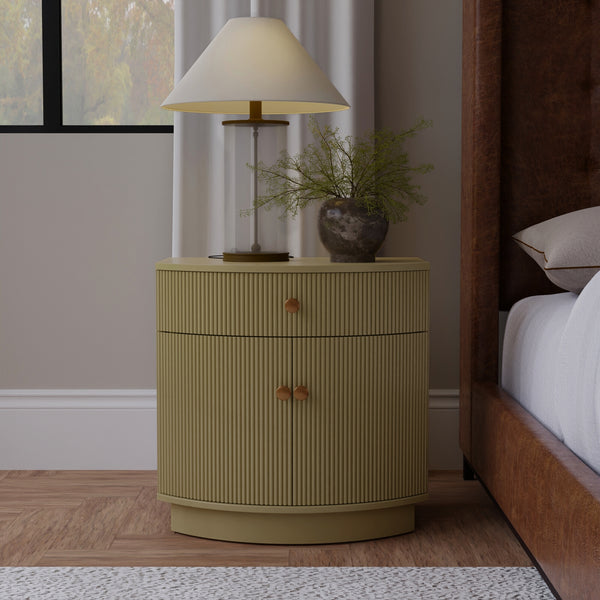 Alpine Furniture Olivia Nightstand In Olive Green – Modern Elegance With Ribbed Details, Brass Knobs & Ample Storage Olive Green Rubberwood Solids & Oak Veneer 2512-02-alpine