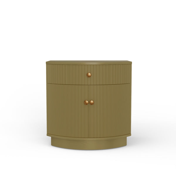 Alpine Furniture Olivia Nightstand In Olive Green – Modern Elegance With Ribbed Details, Brass Knobs & Ample Storage Olive Green Rubberwood Solids & Oak Veneer 2512-02-alpine