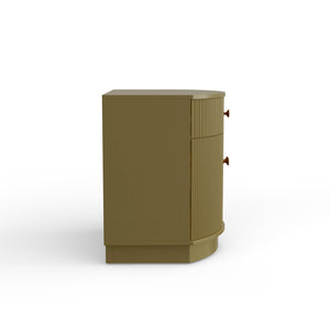 Alpine Furniture Olivia Nightstand In Olive Green – Modern Elegance With Ribbed Details, Brass Knobs & Ample Storage Olive Green Rubberwood Solids & Oak Veneer 2512-02-alpine