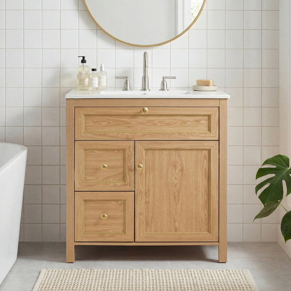English Elm 30 Inch Fluted Freestanding Bathroom Vanity Solid Wood Soft Close Spa Style W5278S00002