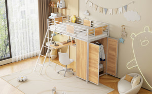 English Elm Twin Loft Bed with L-Shaped Desk and Wardrobe — Space-Saving Iron & Wood Design for Study & Storage White SF000168AAK