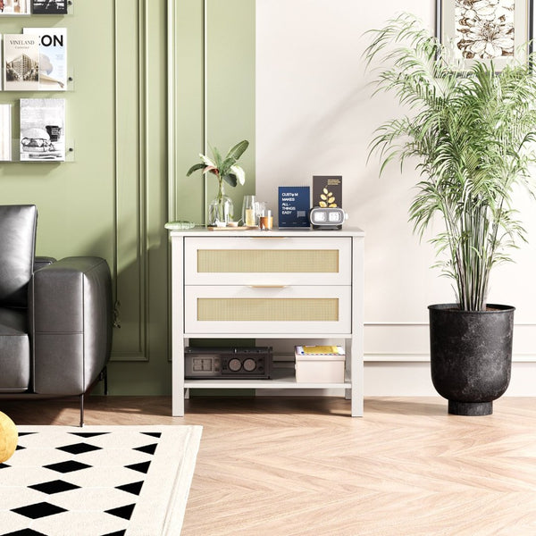 English Elm Rattan Front Boho Coastal Nightstand with Gold Pulls Open Shelf and Woven Drawer Accents White T3210P471548
