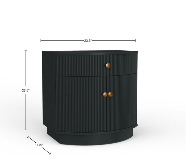 Alpine Furniture Olivia Sculptural Nightstand With Ribbed Drawer & Brass Knobs — Curved Silhouette, Organized Storage Black 2512BLK-02