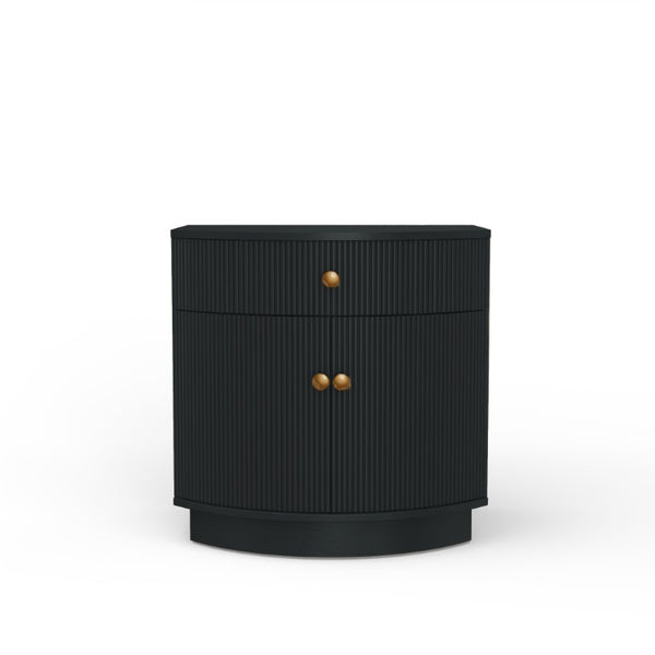Alpine Furniture Olivia Sculptural Nightstand With Ribbed Drawer & Brass Knobs — Curved Silhouette, Organized Storage Black 2512BLK-02