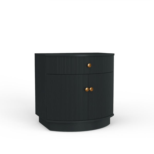 Alpine Furniture Olivia Sculptural Nightstand With Ribbed Drawer & Brass Knobs — Curved Silhouette, Organized Storage Black 2512BLK-02