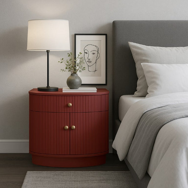 Alpine Furniture Olivia Sculptural Nightstand With Ribbed Drawer & Brass Knobs — Curved Silhouette, Organized Storage Burgundy 2512RED-02
