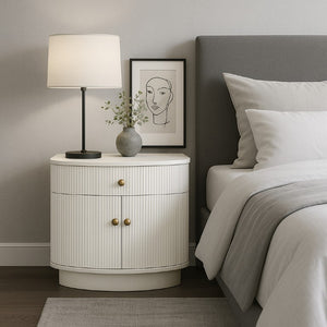 Alpine Furniture Olivia Sculptural Nightstand With Ribbed Drawer & Brass Knobs — Curved Silhouette, Organized Storage Coconut Milk 2512WHT-02