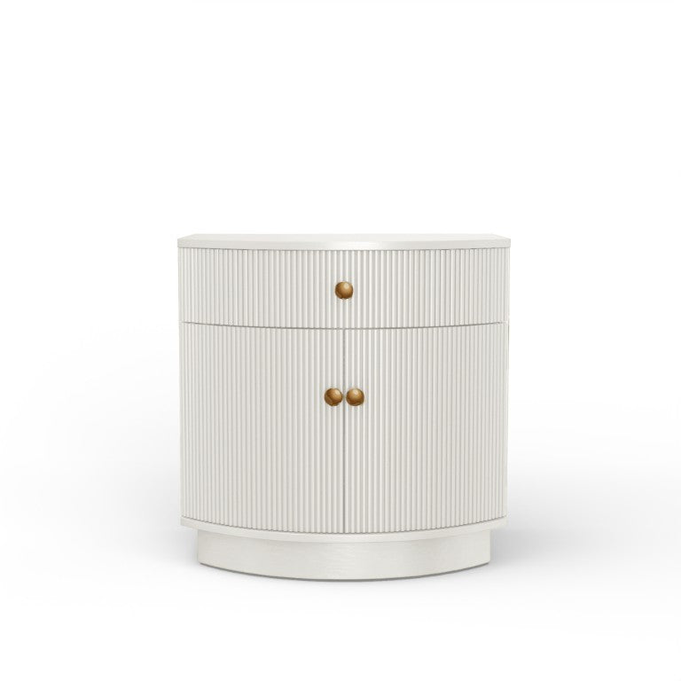 Alpine Furniture Olivia Sculptural Nightstand With Ribbed Drawer & Brass Knobs — Curved Silhouette, Organized Storage Coconut Milk 2512WHT-02