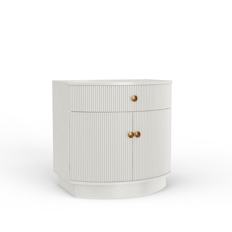 Alpine Furniture Olivia Sculptural Nightstand With Ribbed Drawer & Brass Knobs — Curved Silhouette, Organized Storage Coconut Milk 2512WHT-02
