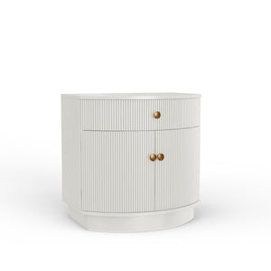 Alpine Furniture Olivia Sculptural Nightstand With Ribbed Drawer & Brass Knobs — Curved Silhouette, Organized Storage Coconut Milk 2512WHT-02