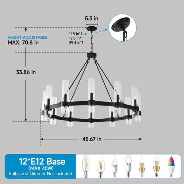 English Elm 43.3''matte Black Wagon Wheel Chandelier 12 Seeded Glass Shades Farmhouse Great Room W5008P392741