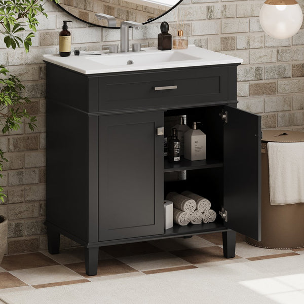 English Elm 30-inch bathroom vanity with ceramic basin, solid wood frame, soft-close doors and adjustable shelves for organized style and lasting durability Black N729P173380B