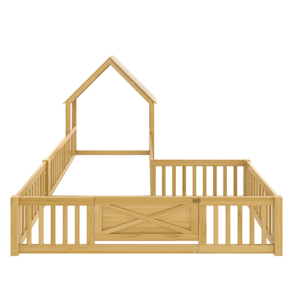 English Elm Twin House Floor Bed with Door & Full-Length Guardrails, Solid Wood Twin Loft Alternative for Kids Natural W1580P327129