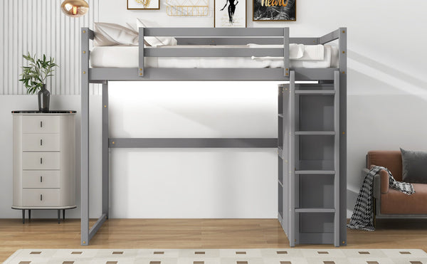 English Elm Wood Full Size Loft Bed with Built-in Wardrobe, 4-Tier Storage Shelves, LED Light, Pine MDF Durable Gray GX000463AAE