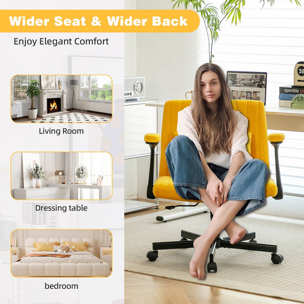 English Elm Yellow Linen Criss Cross Office Chair with Wheels - Ergonomic Altay Velvet, Adjustable Height, Pillow Support W3394P336173