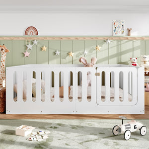 English Elm Queen Solid Pine Montessori Floor Bed for Kids with House Frame and Built-in Door Light White W5305P420638