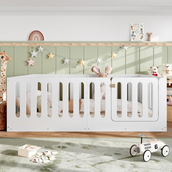 English Elm Queen Solid Pine Montessori Floor Bed for Kids with House Frame and Built-in Door Light White W5305P420638