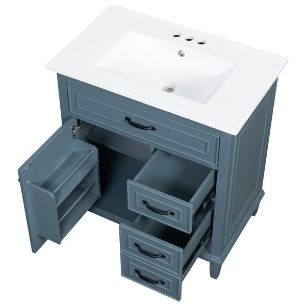English Elm 30 Inch Freestanding Bathroom Vanity Solid Pine Cabinet Ceramic Sink Top Storage Blue Gray N725P412782C