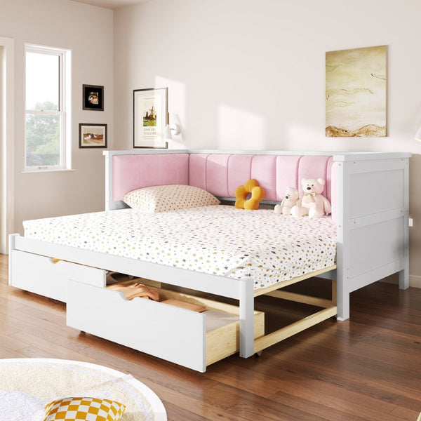 English Elm Twin Xl to King Convertible Daybed with Storage Drawers and Upholstered Backrest N7090000479K