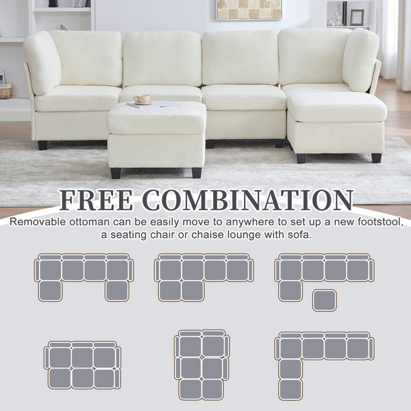 English Elm UNITED Modular 6-Seat Sectional Sofa with Removable Ottoman, Storage Compartments, Convertible Comfort Beige W1568S00242