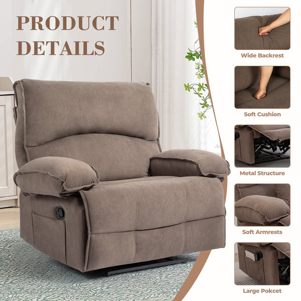 English Elm Oversized Velvet Push-Back Recliner Chair Sofa with Massage Pillow, Super Soft Fleece Comfort and Easy Assembly Brown W1403S00004