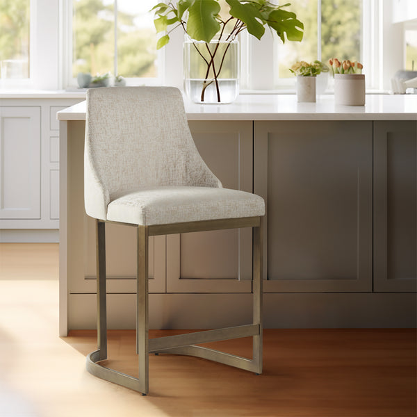 English Elm 26"H Bryce Upholstered Counter Stool with Cream Curved Back, Antique Gold Metal Base, Foam Comfort B035129476