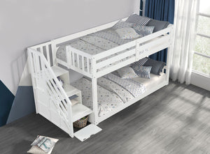 English Elm Transitional Twin Over Twin Low Bunk Bed With Reversible Storage Staircase – Space-Saving White Design B2741S00608-GIGA