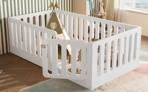 English Elm Twin Solid Pine Montessori Floor Bed with House Frame Door and Safety Fence Light White W5305P420632