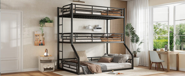 English Elm Twin Triple Metal Bunk Bed Matte Powder Coated Frame with Full Safety Guardrails Black W1580S00584