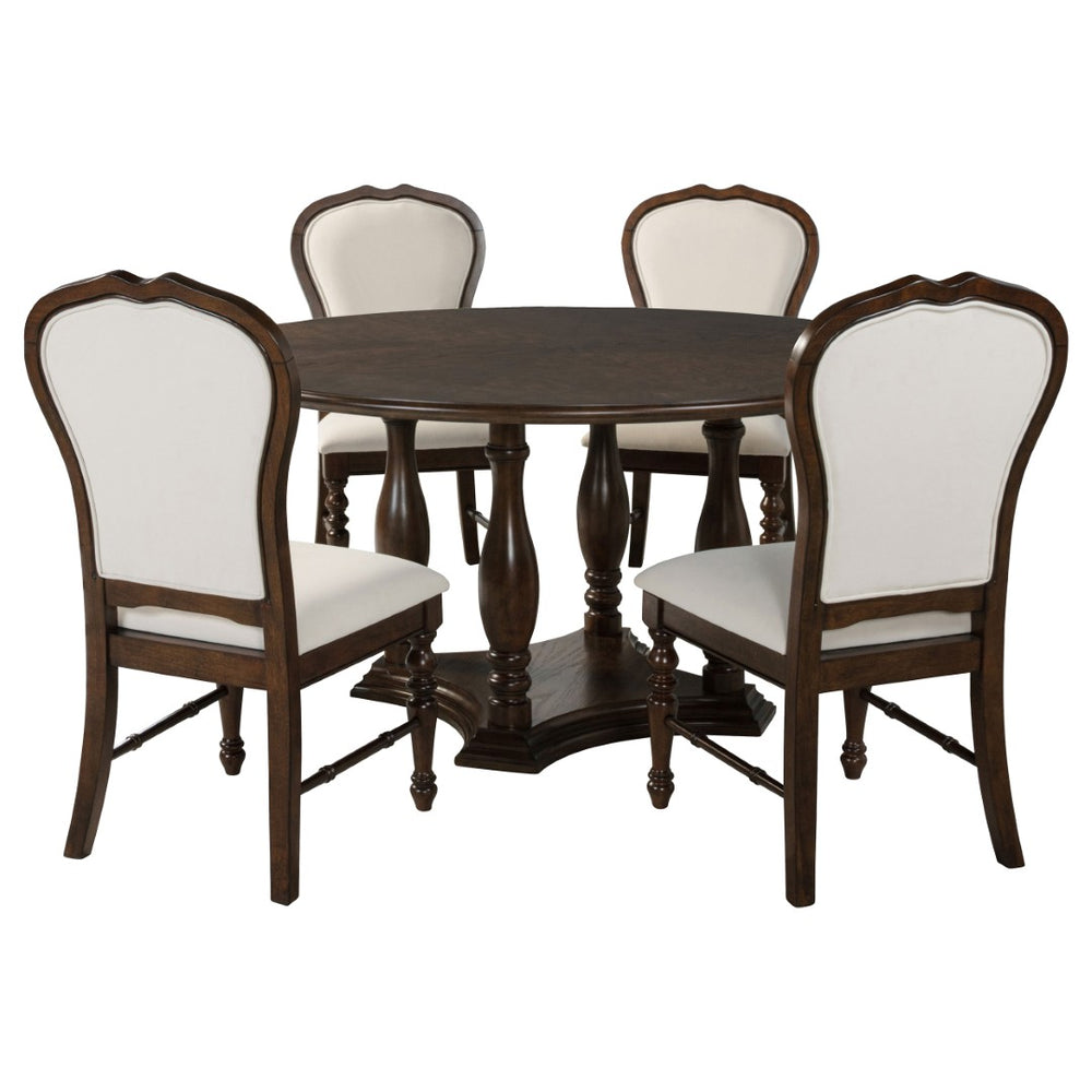 English Elm Claire Round Rubberwood Dining Set Seats Six with Ivory Upholstered Chairs Traditional B062S01585