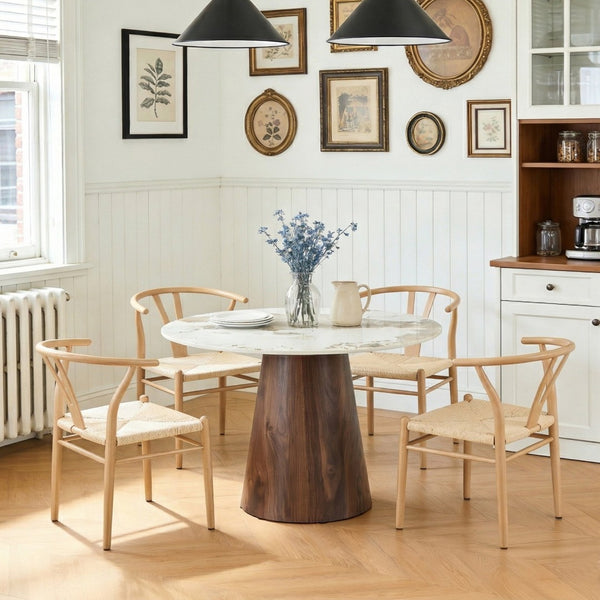 English Elm Table and Chair Set 42 Inch Round Stone Look Top with Wishbone Iron Dining Seats W2920S00145