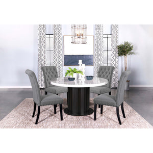 English Elm Belinda Grey 5-Piece Round Marble Dining Set with Nailhead Tufted Linen Chairs and Scalloped Base B062S01196