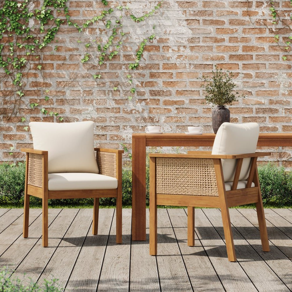 English Elm Outdoor Acacia Wood Armchairs Set with Wicker Backs and Cushioned Seats for Patio N762P403831T