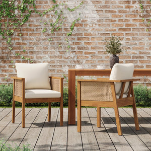 English Elm Outdoor Acacia Wood Armchairs Set with Wicker Backs and Cushioned Seats for Patio N762P403831T