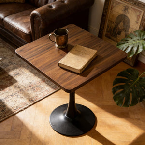 English Elm Square Tulip Pedestal Bistro Table Walnut Finish Mid Century Style for Compact Spaces W2641P460034