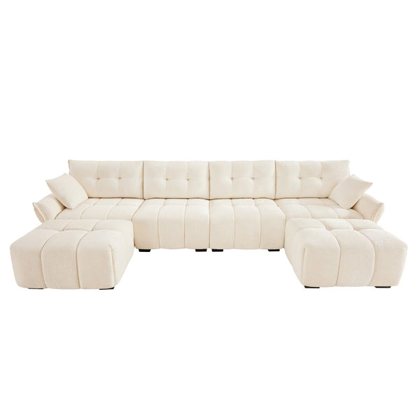 English Elm 4-seater Chenille Sofa Set with Ottomans Solid Wood Frame Tufted Living Room White W714S01658