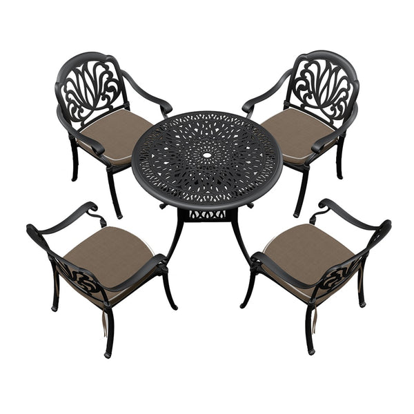 English Elm 5-piece Cast Aluminum Outdoor Dining Set with Floral Carved Chairs and Weather Resistant Cushions W1710S00544