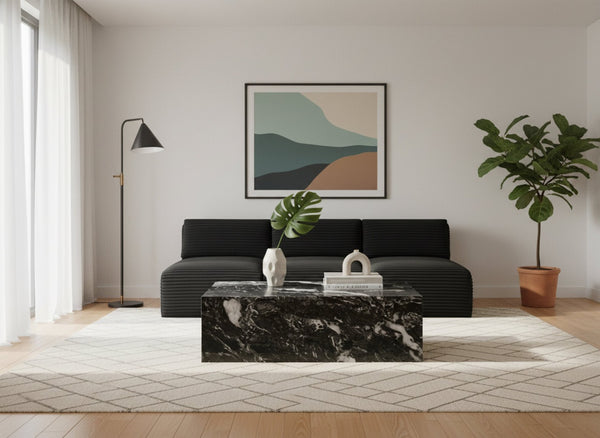 Meridian Furniture Bolzano Genuine Marble Coffee Table with Polished Veined Stone Surface for Modern Living Rooms Black Genuine Marble 251Black-CT