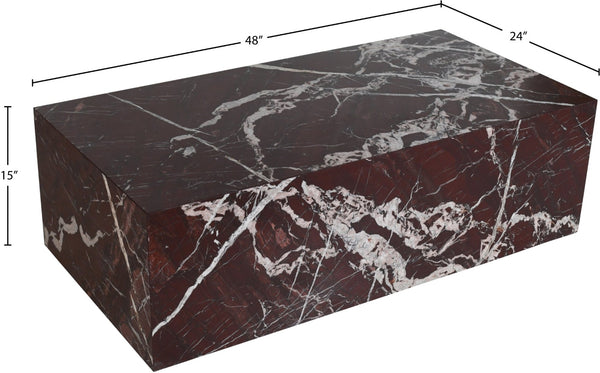 Meridian Furniture Bolzano Genuine Marble Coffee Table with Polished Veined Stone Surface for Modern Living Rooms Red Genuine Marble 251Cherry-CT
