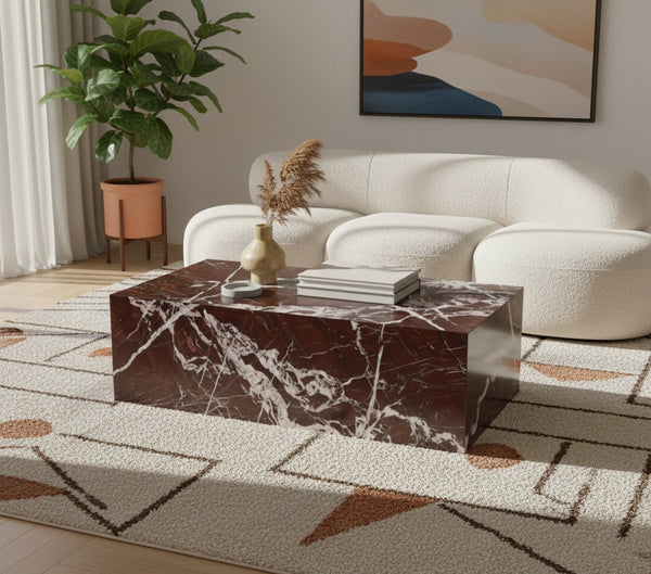 Meridian Furniture Bolzano Genuine Marble Coffee Table with Polished Veined Stone Surface for Modern Living Rooms Red Genuine Marble 251Cherry-CT