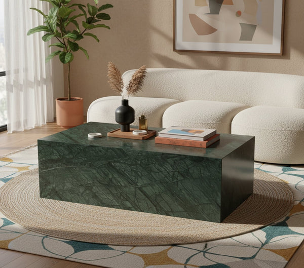 Meridian Furniture Bolzano Genuine Marble Coffee Table with Polished Veined Stone Surface for Modern Living Rooms Green Genuine Marble 251Green-CT