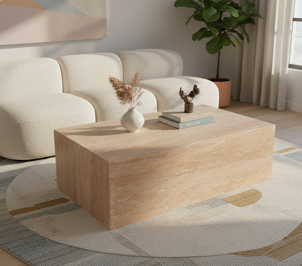 Meridian Furniture Bolzano Genuine Marble Coffee Table with Polished Veined Stone Surface for Modern Living Rooms Natural Travertine 251Travertine-CT