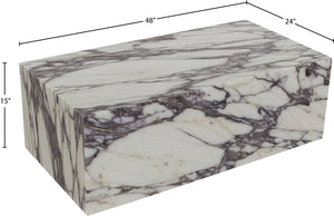 Meridian Furniture Bolzano Genuine Marble Coffee Table with Polished Veined Stone Surface for Modern Living Rooms White Viola Marble 251Viola-CT