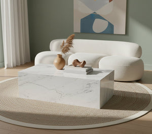 Meridian Furniture Bolzano Genuine Marble Coffee Table with Polished Veined Stone Surface for Modern Living Rooms White Genuine Marble 251White-CT