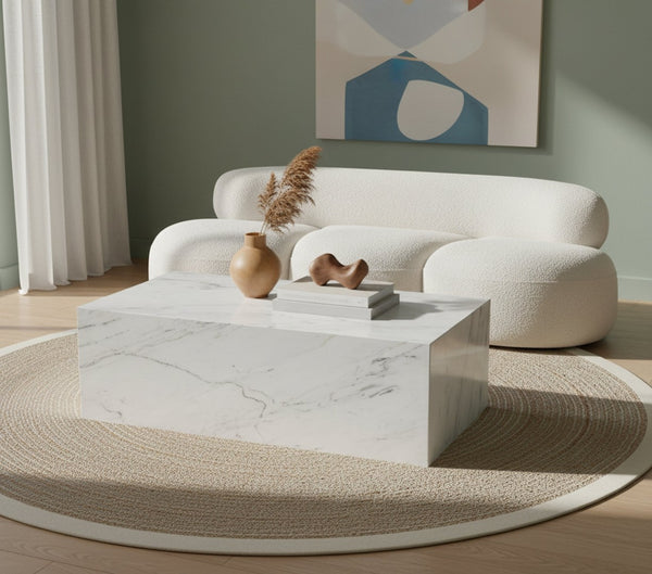 Meridian Furniture Bolzano Genuine Marble Coffee Table with Polished Veined Stone Surface for Modern Living Rooms White Genuine Marble 251White-CT