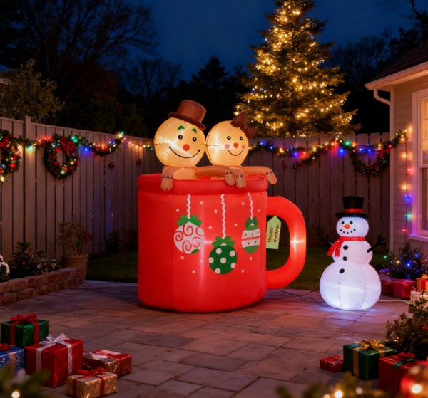 English Elm Christmas Inflatable Gingerbread Couple in Cocoa Mug with Led Lights for Yard Display T3971P417149