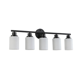 English Elm 31" Stylish 5-Light Vanity Wall Sconce, Frosted Glass & Black Iron Design For Elegant Illumination W2312P374806