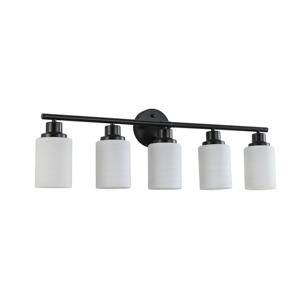 English Elm 31" Stylish 5-Light Vanity Wall Sconce, Frosted Glass & Black Iron Design For Elegant Illumination W2312P374806
